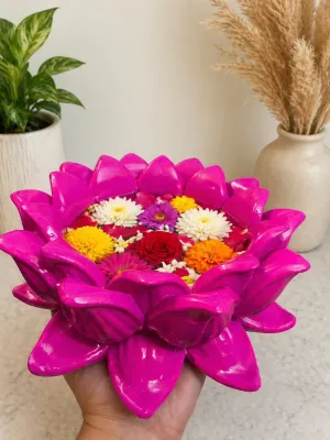 Pink Resin Lotus Stand for Idols 20 cm Marble Lotus Urli Fibre Uruli - Floral Display Holder