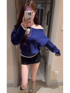 YUEZHONGWEI | Light Mature French Style Off-Shoulder Slouchy Shoulder Sweater Top