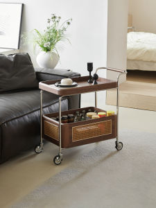 Zhonggu Solid Wood Side Table Living Room Movable Corner Table-Inch Rattan Woven Fancy Sofa and Tea Table Storage Trolley