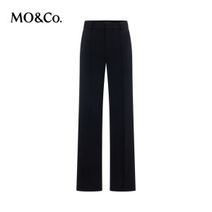 MoCo High Waist Casual Pants Modern Black Slit Design Elastic Street Style Long Straight Leg Trousers for Young Women
