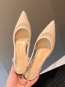 French Minority Hollow-out Closed Toe Sandals Womens Summer Genuine Leather Lady Back Open Shoes Mid Heel White Pointed High Heels