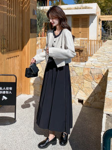 Black Vest Dress Set Womens Fashion Spring 2025 Small Size Cozy Style Outerwear Skirt Two-Piece Suit round Neck Long Sleeve