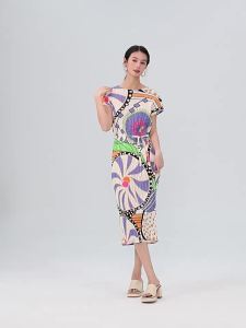 2351 One Size (45-75kg) Pleated Spring And Summer Print Lace-Up Loose Plus Size Vacation Dress