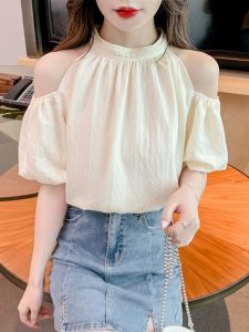Summer 2025 Womens Loose Fit Bubble Sleeve Choker Neck Design Sensation Shaping Slimming Meat Covering Top Korean Style Polyester Fiber