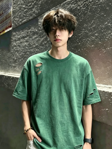 Distressed Tie-Dye Design High-Street Straight Shoulder T-Shirt
