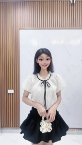 Set 2 Món Gồm Áo Sơ Mi Tơ Lót Ren Tay Bồng Đính Cúc Ngọc Thắt Dây Nơ + Chân Váy Cạp Chun Bản To Dáng Xoè 2 Tầng