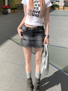 Váy Mini Denim Chữ a Cạp Cao Little Bee Vintage Dành Cho Nữ Mùa Hè 2024 Váy Ngắn Cotton Polyester Viscose Màu Trơn Đa Năng