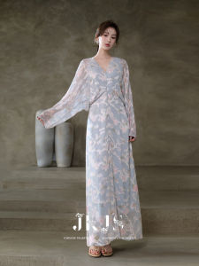 JK&JS | Floral Cut-out and Gold Foil V-neck Long Sleeve Summer Dress