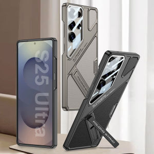 K-Stand S25U S24U S23U Leather Case Phone Cover Matte Metallic Mecha Design Samsung Galaxy S25Ultra S24Ultra S23Ultra Casing Camera Protection Anti-Scratch Hard PC Case with Glass