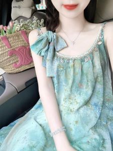 Mint Mambo Elegant Blooming Sling Dress Womens Summer Stylish Niche Style Seaside Vacation Beach Long Skirt