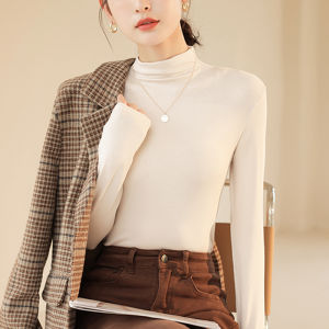 Womens Half High Collar Modal Long Sleeve Fleece Lined T-Shirt Base Layer Top Autumn Winter Fashion Inner Wear White