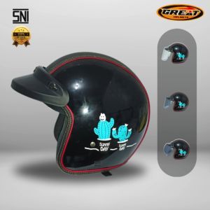 Great Helm Bogo Kulit Tengah Hitam Glossy Motif Boneka Kaktus Wanita SNI Termurah T04