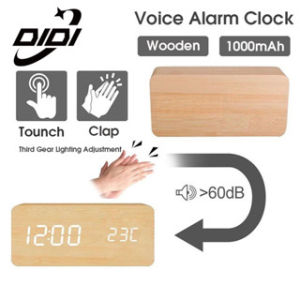 DIDI  jam loceng jam meja Digital Wooden Smart Voice Control Alarm Clock USB plug-in Bedside Clock with Calendar Thermometer