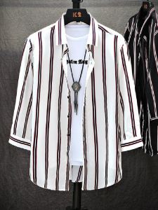 Stripes Shirt Mens Summer Cropped Sleeves Half Sleeve Shirt Short Sleeve Loose Casual Summer Jacket Trendy Shirt