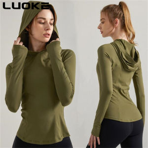 Luoke Tight hooded yoga suit women long sleeved Pilates sports top outdoor running training fast drying fitness clothes