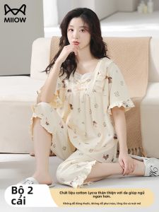 MiiOW | Bộ đồ ngủ cotton nguyên chất mùa hè cho nữ tay ngắn quần dài năm mảnh mặc nhà thoải mái thoáng khí vải cotton pha polyester