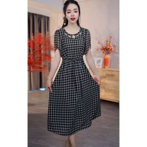 ชุดเดรสลายสก็อตหรูหรา IceBelle ทรงเข้ารูป ทรงเอ แขนสั้น คอตั้ง เอวสูง แฟชั่นฤดูร้อน 2025 ชุดเดรสผู้หญิง
