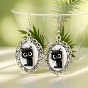 Messy Black Cat Glass Earrings Boho Vintage Animal Dangle Earrings Cartoon Kitty Jewelry Gifts For Women Girls Cat Lovers