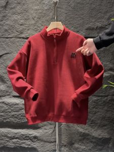 Mens Fleece Lined Thickened Embroidered Letter Half Zipper Stand Collar Sweatshirt Autumn Winter Warm Anti-Cold Base Shirt