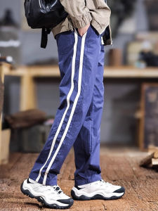 Summer New Mens Casual Pants Striped Color Block Loose American Trend Elastic Waist Straight Leg Outdoor Sports Long Trousers
