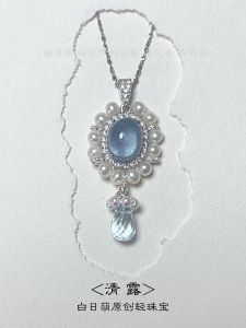 Original Design Pure Silver Pearl Necklace Luxury Layering Gift Jewelry Blue Topaz Pendant Wave Chain Style for Women