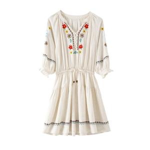 BANANA CICI | Bohemian Tencel Linen Floral Embroidered Long Sleeve Dress