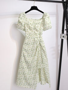 French Style Green Floral Print Chiffon Dress Womens Summer New Square Collar Bubble Sleeve Split Skirt Tea Break Fashionable