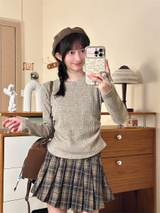 Unique Design Embroidered Letter Short Knit T-Shirt Womens Sweet Gentle Style Long Sleeve Vertical Stripe Knitted Shirt