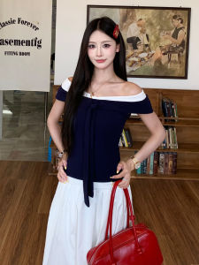 Áo Thun Vai Một Bên Vai Màu Tương Phản Pure Desire Của Ba Chị Em Áo Thun Nữ Mùa Hè Thanh Lịch Cao Cấp Bó Sát Áo Hở Vai