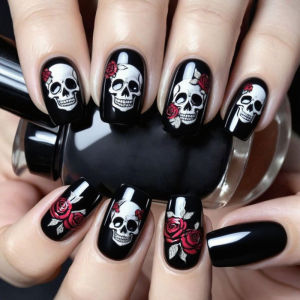 เล็บปลอมแบบกดติด 24 ชิ้น ทรงสี่เหลี่ยม ปิดคลุมเล็กน้อย ลายฮาโลวีน สีดำ แดง กุหลาบ ลายหัวกะโหลกสีขาว ใช้ซ้ำได้ ลายดาว