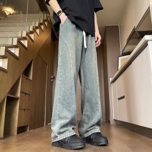 Retro Washed Mens Summer Thin Straight Leg Jeans High Street Loose Fit Long Trousers Casual Youth Polyester Fiber Drawstring Closure