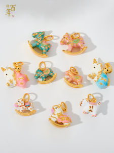 Traditional Sand Gold Small Wooden Horse Unicorn Blue Burnt Pendant DIY Beading Accessories Necklace Bracelet