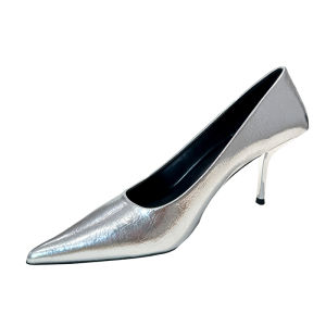 รองเท้าส้นสูงสีเงินสำหรับผู้หญิง ทรงหัวแหลม ด้านในทำจากหนังไนลอน ด้านนอกทำจากหนัง PU รองเท้าส้นสูงสำหรับใส่ไปทำงาน
