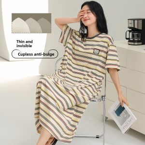 MiiOW | Pure Cotton Short Sleeve Midi Dress Home Clothes Womens Nightgown Cat Person New 2025 Summer New Style Comfortable Sleepwear