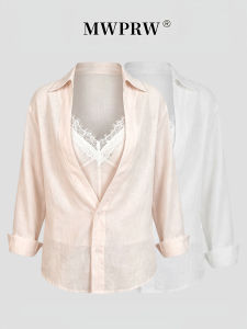Peach Pink Lace Patchwork Design Cotton Linen Summer Womens Shirt