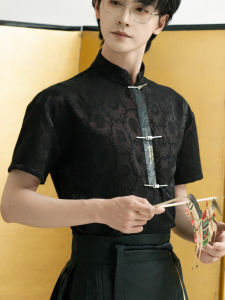 New Chinese Style Mens Short Sleeve Shirt Zhanghuafu Hanfu Male Model Woven Gold Horse Face Skirt Casual Summer Youth Wear