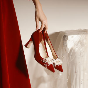 Elegant Chinese Wedding Shoes High Heels Comfortable Thick Heel Not Tired Footwear for Bride Red Dress Single Shoes Large Size 43