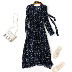 Spring Long Sleeve French Style Vintage Floral Noil Poplin Dress Tied V-neck Gentle Temperament Long Dress Slim Looking Mushroom Buckle