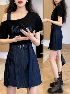 Shalldoer | Summer New Womens Fake Two-Piece Dress Shoulder Baring Splice Waist Cinching High Waist H-Line Short Sleeve Midi Skirt