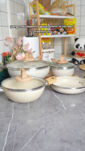 [Induksi Bottom] freemir Set 7 pcs Wajan Panci Beige 26/20/20/16cm Penggorengan Anti Lengket dengan Tutup Kaca
