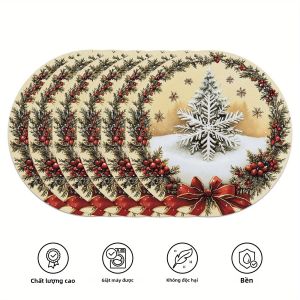 Tấm Thảm Hình Quả Thông Giáng Sinh VIKAMA 6PC Với Nơ Hình Quả Mọng Đỏ Và Thiết Kế Hình Bông Tuyết - Trang Trí Bàn Bằng Vải Polyester Cho Nhà Hàng Và Tiệc Tùng