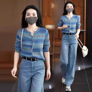 เสื้อคาร์ดิแกนถักแขนยาวลายทางสีรุ้งทรงหลวม แฟชั่นฤดูใบไม้ผลิ 2025 เสื้อคลุมกันหนาวผู้หญิง สไตล์สายเดี่ยว ปกติ