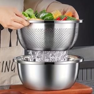 2pcs Stainless Steel Colander Set - Vegetable Fruit Pasta Strainer Large Heavy Duty Filter Bowl