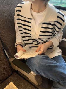 Korean Style Striped Knitted Vest Womens Early Autumn Layering Small Shoulder Top Retro Loose Outerwear Sweater Vest Top