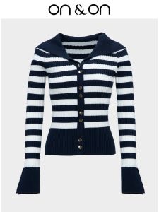 ON&ON | Navy Collar Fashionable Striped Slimming Knit Cardigan