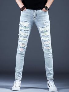 Accessible Luxury Hole & Patch Hot Drilling Denim Mens Elastic Silm Skinny Jeans Spring and Autumn Classy Trendy Brand Pants 2023