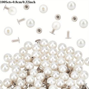 100 Set Pearl RivetHalf Hole Faux Pearls Rivets Studs Buttons for Hat/Shoe/Clothes/Bag/Skirt/Bridal Veil DIY Accessories (8mm)