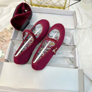 Spring Summer Blue Velvet round Toe Flat Bottom Mary Jane Single Shoes Women Comfortable Silk Satin Korean Style Fashionable Belt Buckle