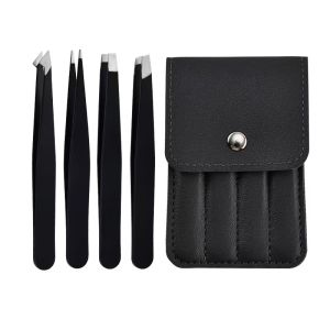 Wholesale 3pcs4pcs Premium Stainless Steel Eyebrow Tweezers Set - Precision Sharp Flat Oblique Pointed Tweezers Slanted Black
