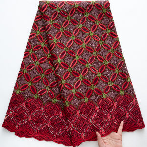 ​African-Inspired Vibrant Red Cotton Lace Fabric - Intricate Geometric Patterns with Green Accents & Silver Bead Embellishments